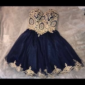 Strapless Navy Dress with Gold Trim and Top